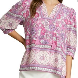 Umgee Pink and White Graphic Blouse with Relaxed Fit Women's Size M